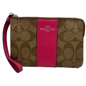 COACH Brown and Fuchsia Coated Canvas Wristlet